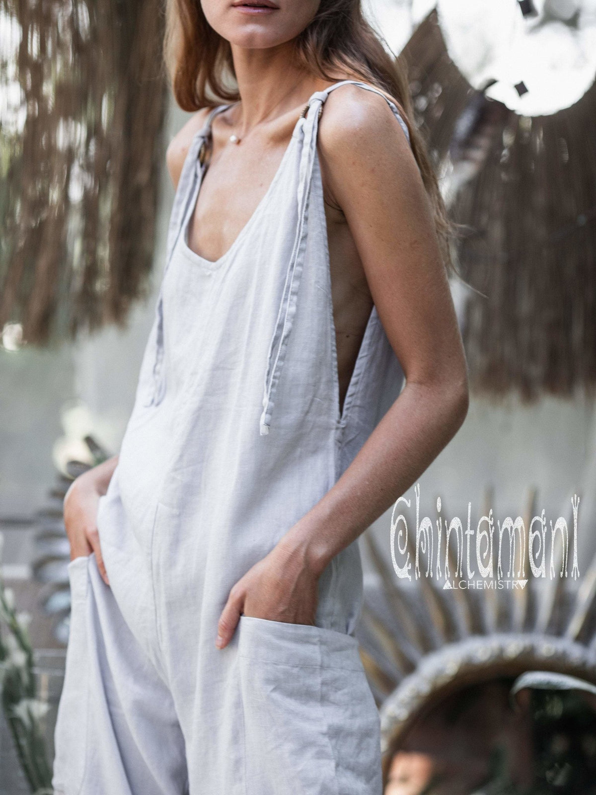 Fitted Linen Jumpsuit 3/4 / Women Midi Overalls with Pockets &amp; Back Zip / Light Grey - ChintamaniAlchemi