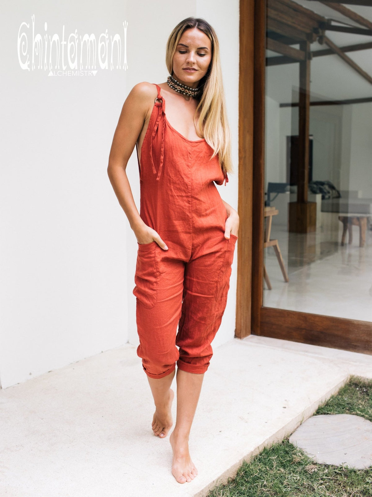 Fitted Linen Jumpsuit 3/4 / Women Midi Overalls with Pockets &amp; Back Zip / Red Ochre - ChintamaniAlchemi