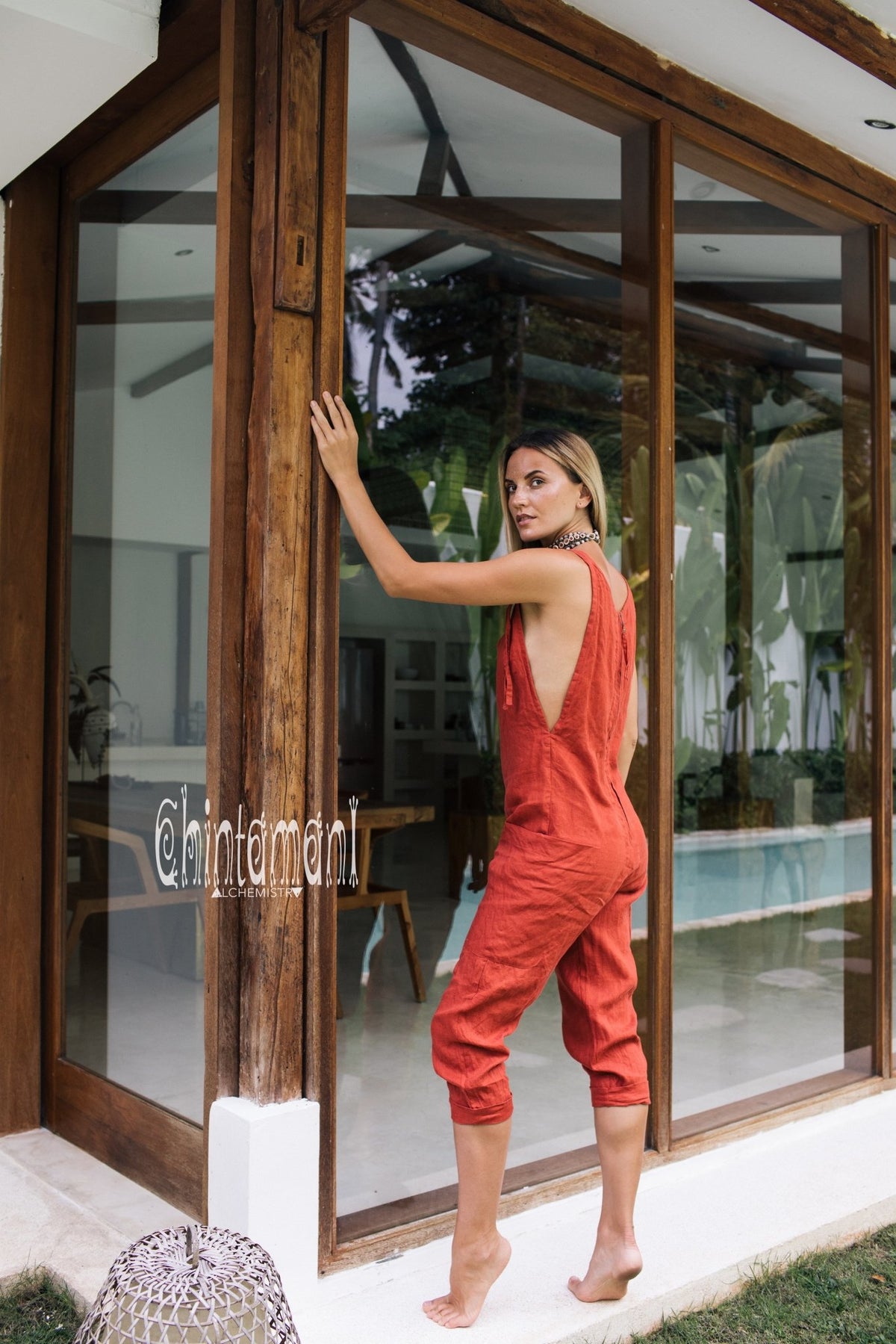 Fitted Linen Jumpsuit 3/4 / Women Midi Overalls with Pockets &amp; Back Zip / Red Ochre - ChintamaniAlchemi