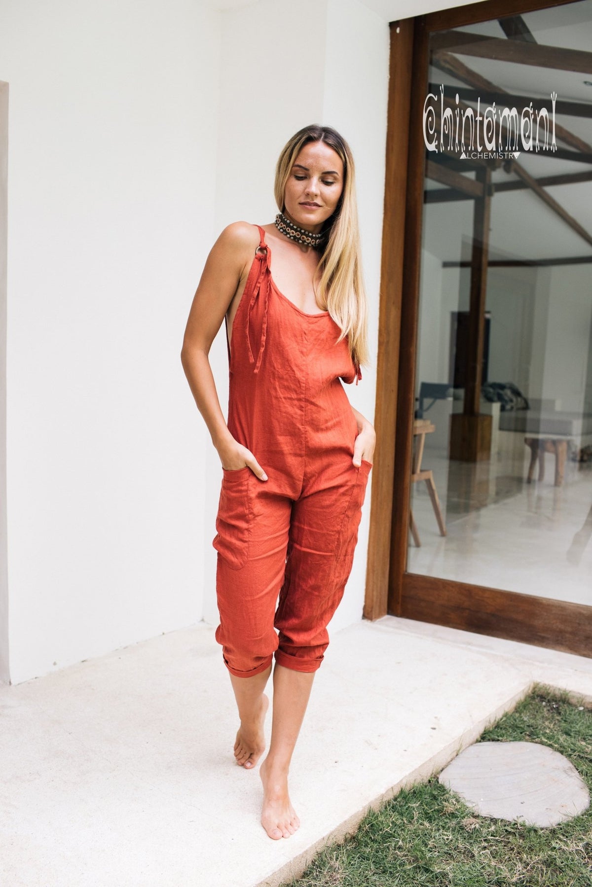 Fitted Linen Jumpsuit 3/4 / Women Midi Overalls with Pockets &amp; Back Zip / Red Ochre - ChintamaniAlchemi