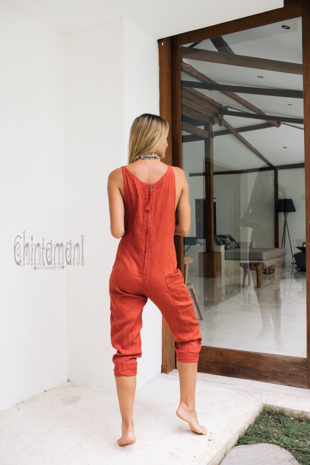Fitted Linen Jumpsuit 3/4 / Women Midi Overalls with Pockets & Back Zip / Red Ochre - ChintamaniAlchemi