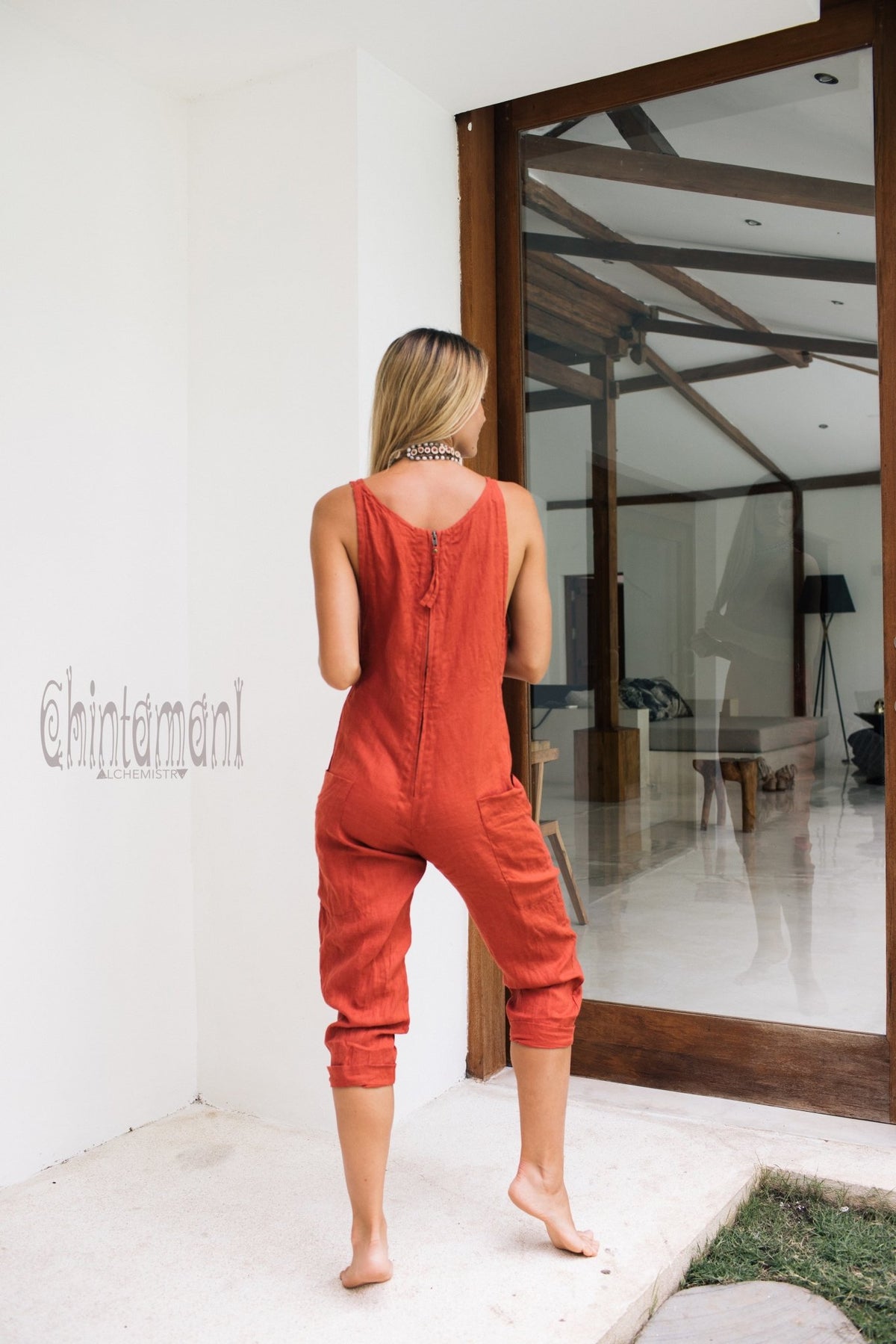 Fitted Linen Jumpsuit 3/4 / Women Midi Overalls with Pockets &amp; Back Zip / Red Ochre - ChintamaniAlchemi