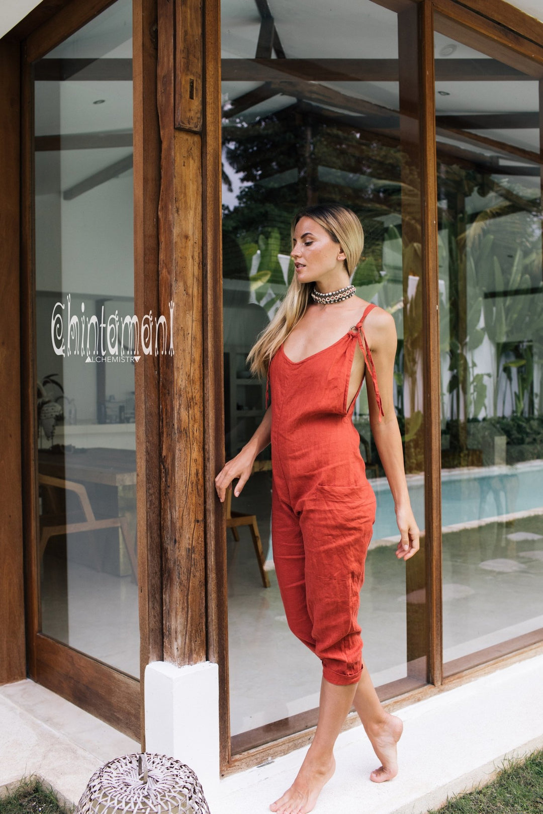 Fitted Linen Jumpsuit 3/4 / Women Midi Overalls with Pockets & Back Zip / Red Ochre - ChintamaniAlchemi
