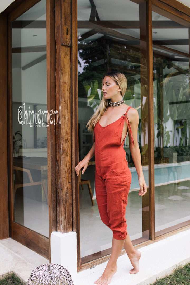 Fitted Linen Jumpsuit 3/4 / Women Midi Overalls with Pockets & Back Zip / Red Ochre - ChintamaniAlchemi