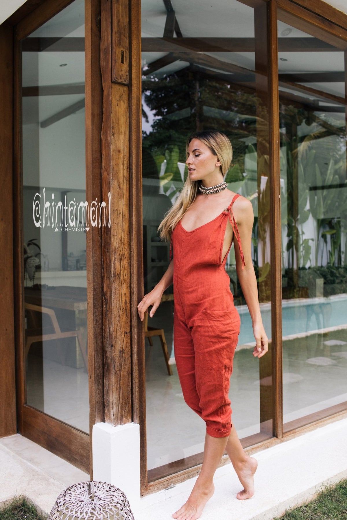 Fitted Linen Jumpsuit 3/4 / Women Midi Overalls with Pockets &amp; Back Zip / Red Ochre - ChintamaniAlchemi