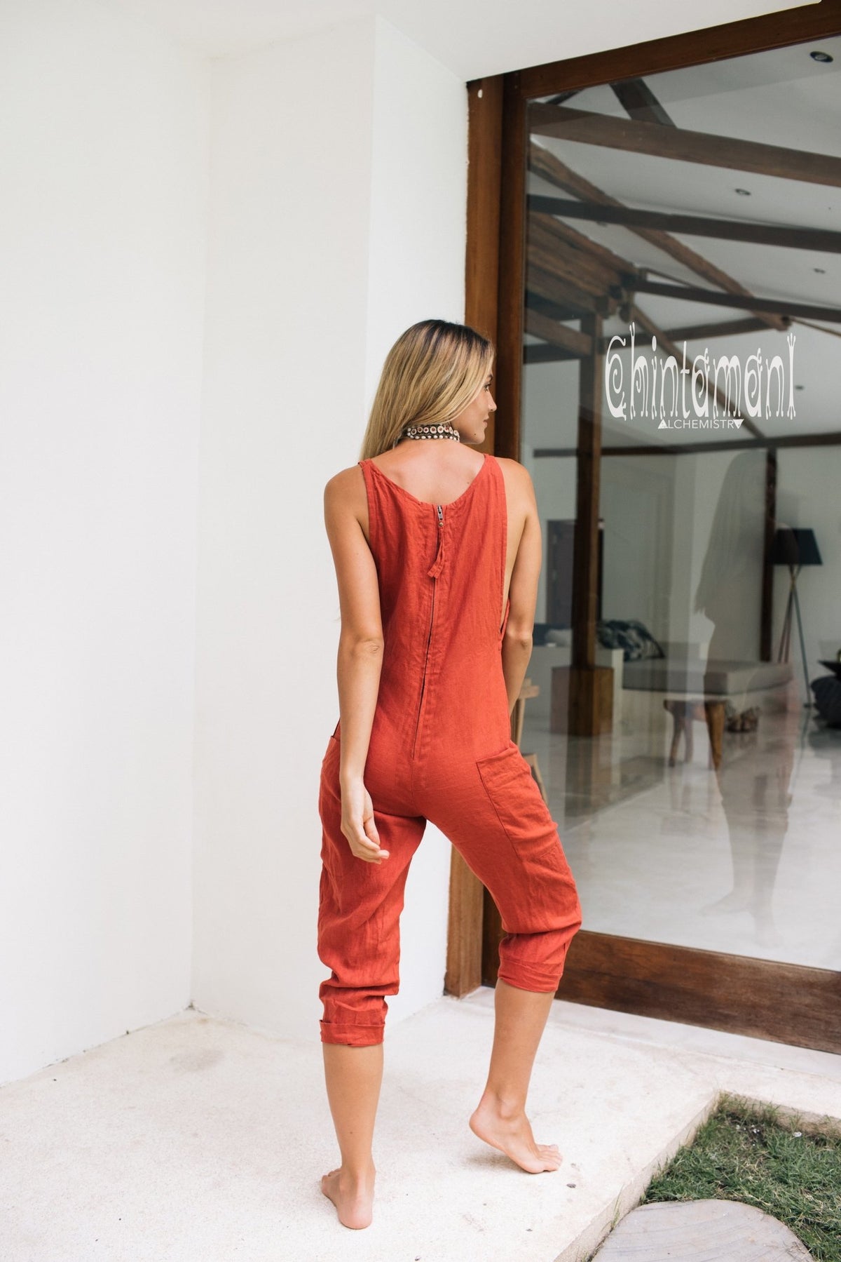 Fitted Linen Jumpsuit 3/4 / Women Midi Overalls with Pockets &amp; Back Zip / Red Ochre - ChintamaniAlchemi