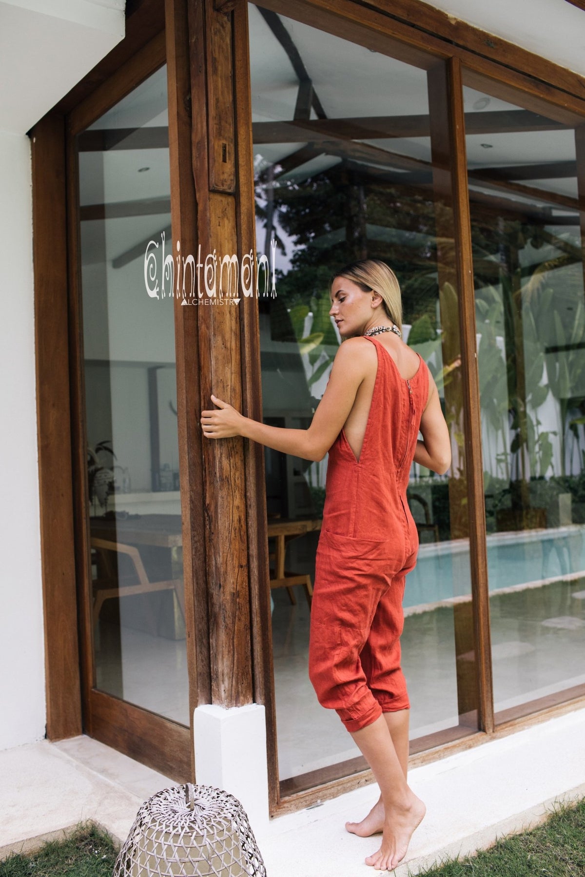 Fitted Linen Jumpsuit 3/4 / Women Midi Overalls with Pockets &amp; Back Zip / Red Ochre - ChintamaniAlchemi