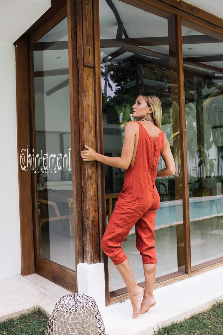 Fitted Linen Jumpsuit 3/4 / Women Midi Overalls with Pockets & Back Zip / Red Ochre - ChintamaniAlchemi