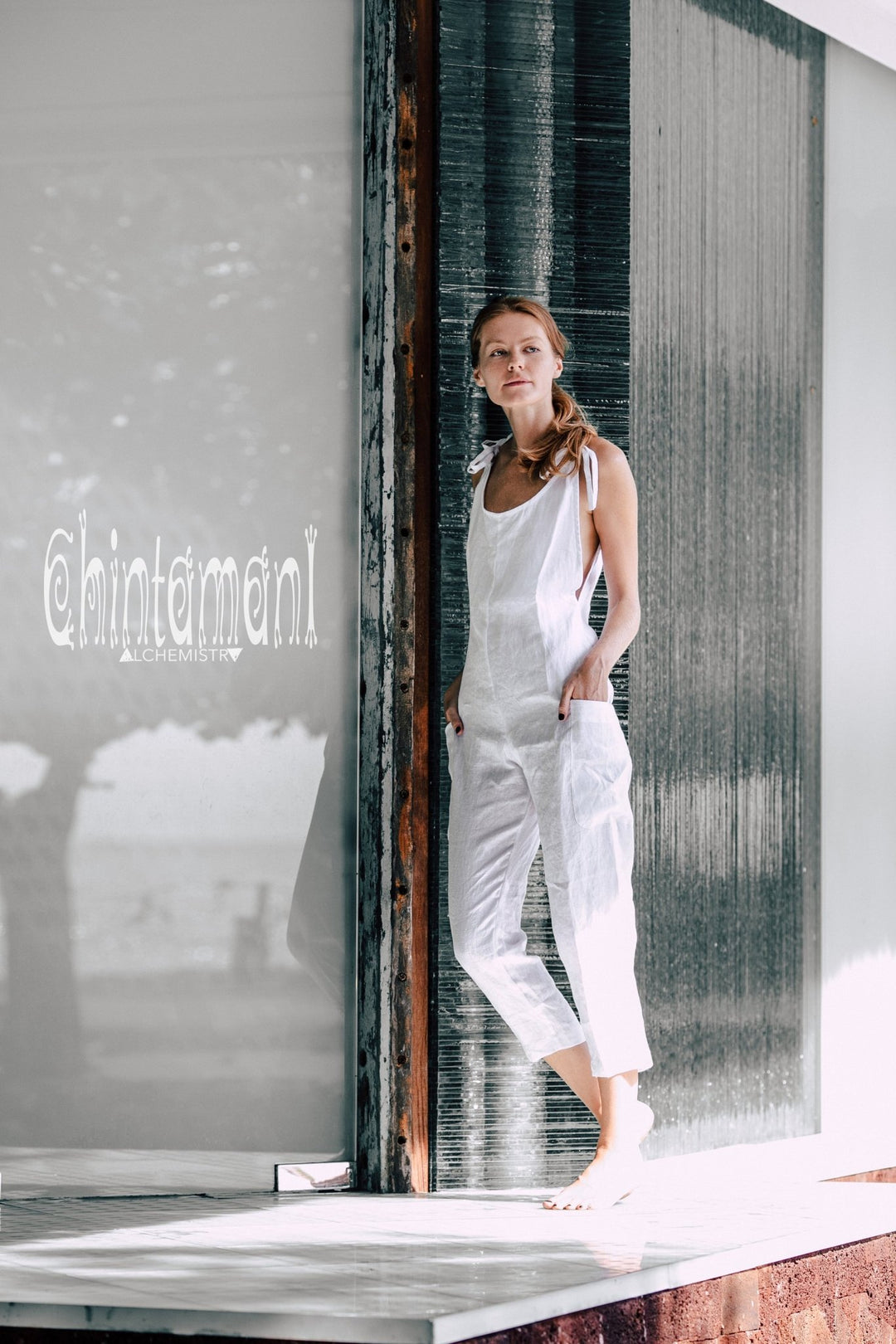 Fitted Linen Jumpsuit 3/4 / Women Midi Overalls with Pockets & Back Zip / White - ChintamaniAlchemi