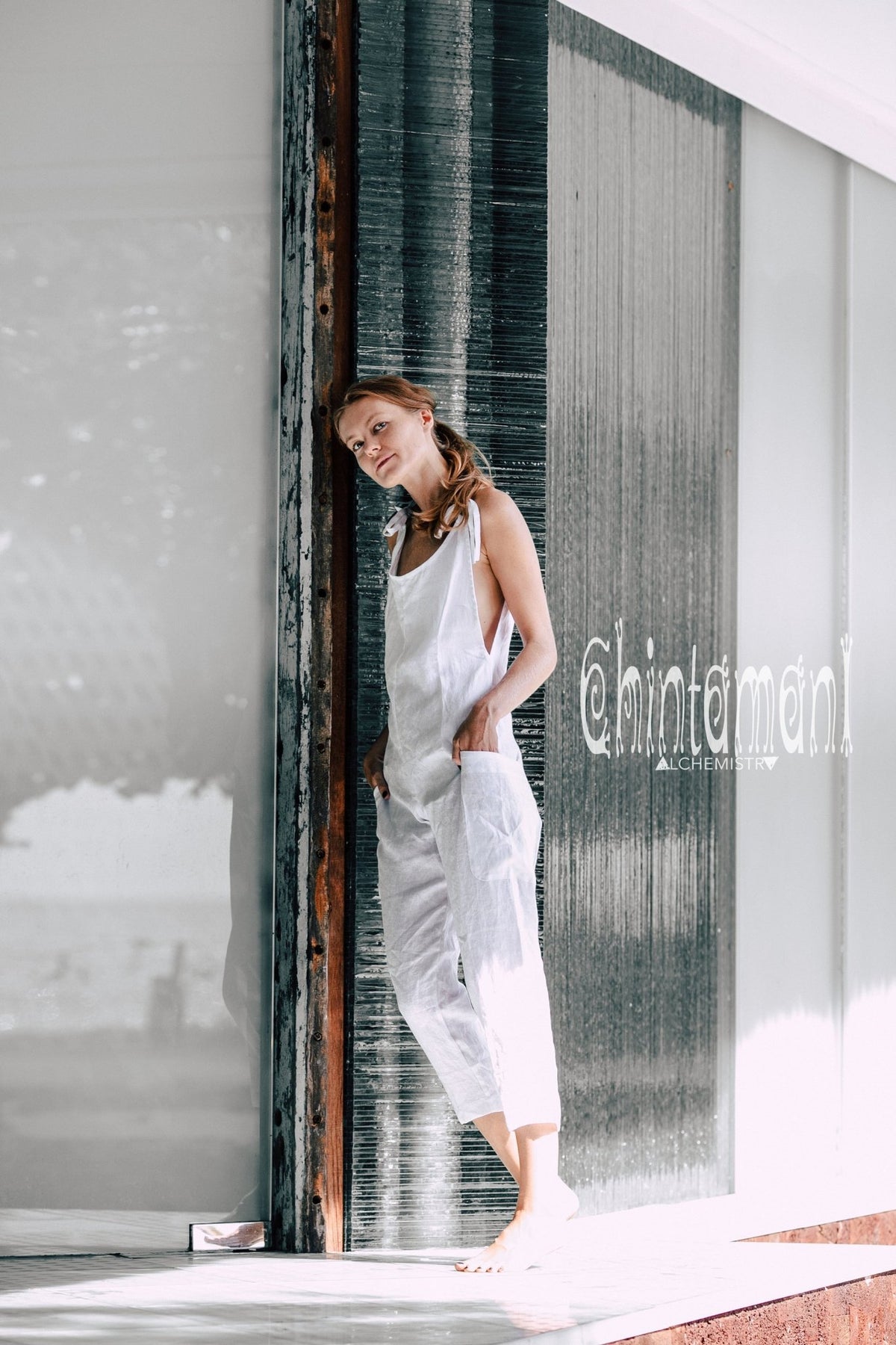 Fitted Linen Jumpsuit 3/4 / Women Midi Overalls with Pockets &amp; Back Zip / White - ChintamaniAlchemi