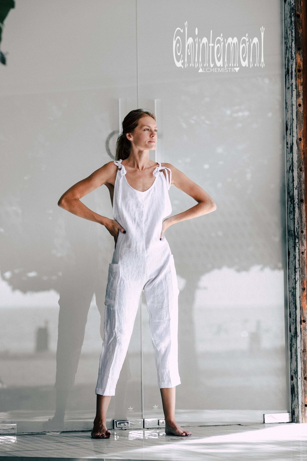 Fitted Linen Jumpsuit 3/4 / Women Midi Overalls with Pockets &amp; Back Zip / White - ChintamaniAlchemi