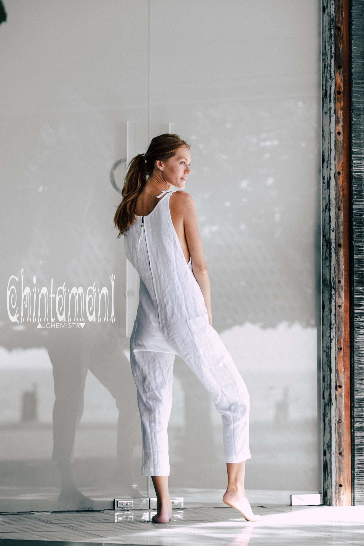 Fitted Linen Jumpsuit 3/4 / Women Midi Overalls with Pockets &amp; Back Zip / White - ChintamaniAlchemi