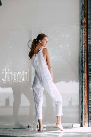 Fitted Linen Jumpsuit 3/4 / Women Midi Overalls with Pockets & Back Zip / White - ChintamaniAlchemi