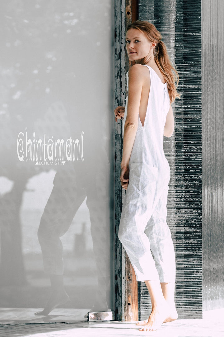 Fitted Linen Jumpsuit 3/4 / Women Midi Overalls with Pockets & Back Zip / White - ChintamaniAlchemi