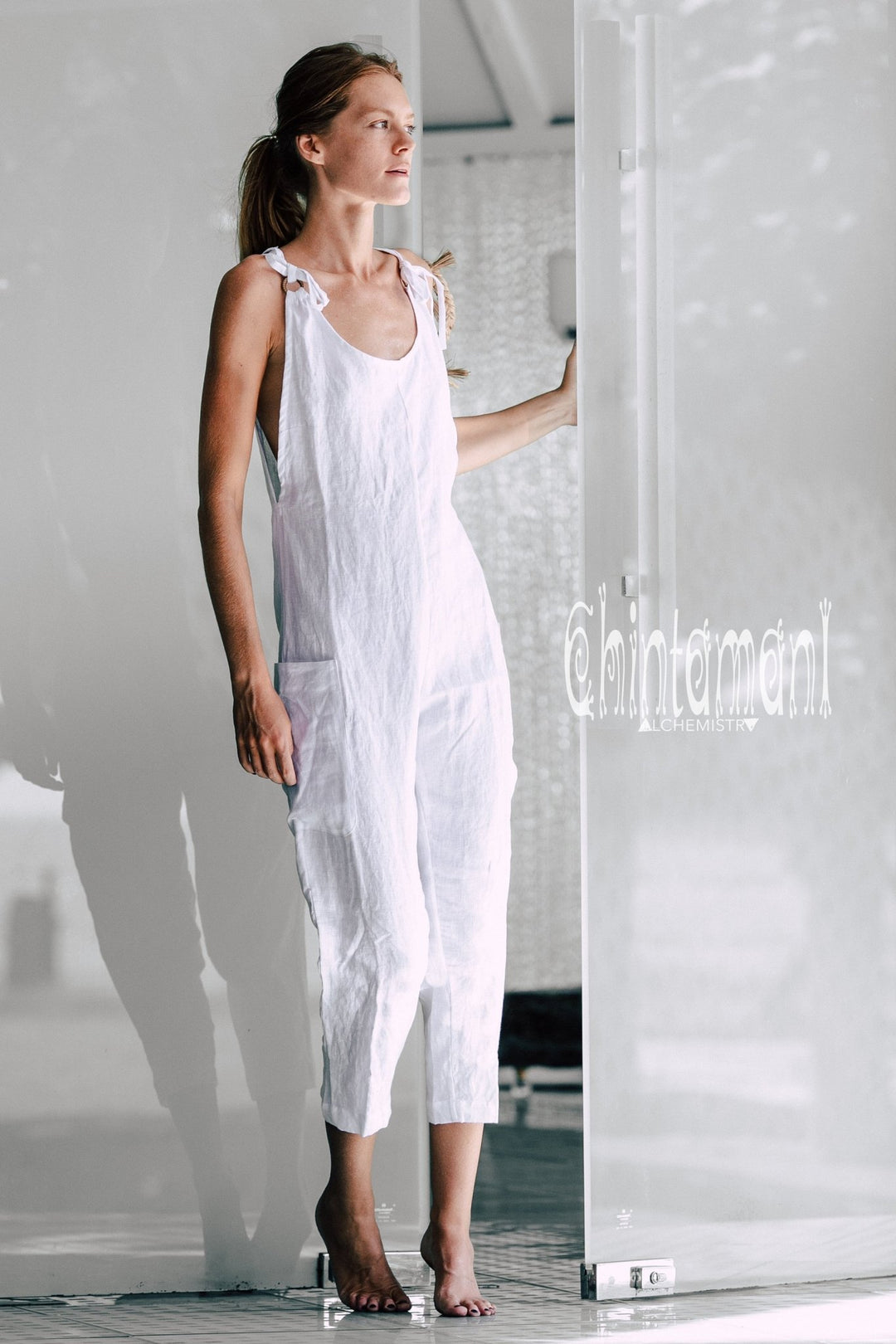 Fitted Linen Jumpsuit 3/4 / Women Midi Overalls with Pockets & Back Zip / White - ChintamaniAlchemi