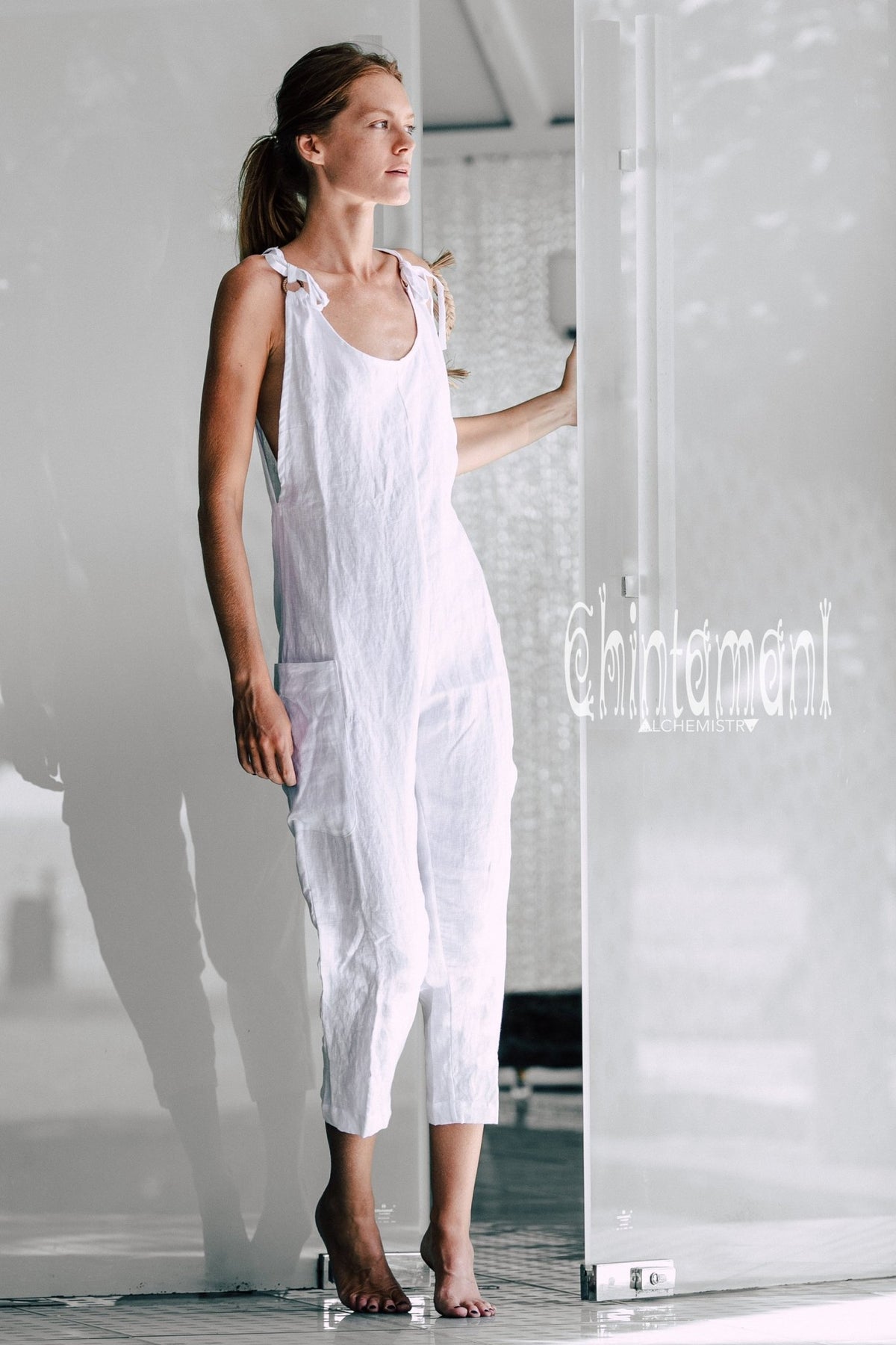 Fitted Linen Jumpsuit 3/4 / Women Midi Overalls with Pockets &amp; Back Zip / White - ChintamaniAlchemi