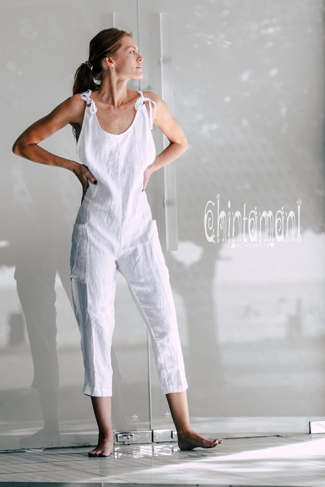 Fitted Linen Jumpsuit 3/4 / Women Midi Overalls with Pockets & Back Zip / White - ChintamaniAlchemi