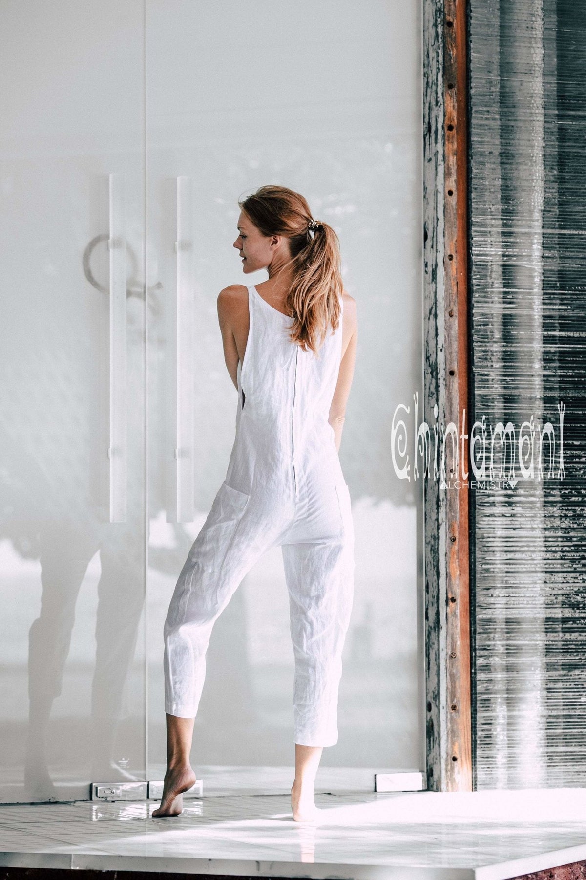 Fitted Linen Jumpsuit 3/4 / Women Midi Overalls with Pockets &amp; Back Zip / White - ChintamaniAlchemi