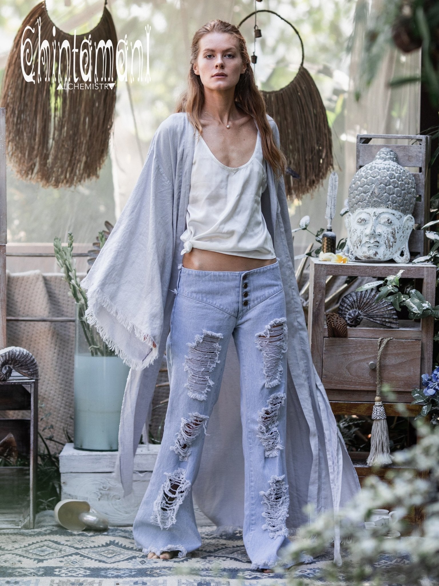 Flared Low Fitting Denim Pants for Distressed Ripped Boho Jean ChintamaniAlchemi