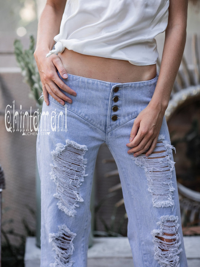 Flared Low Fitting Denim Pants for Women / Distressed Ripped Boho Jeans / Blue - ChintamaniAlchemi