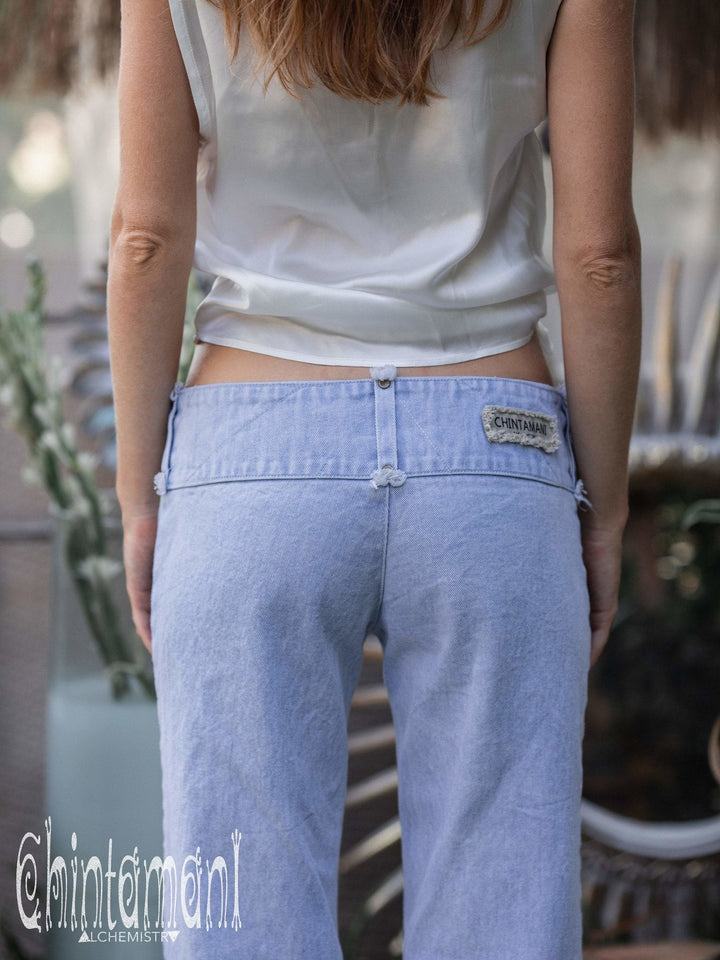 Flared Low Fitting Denim Pants for Women / Distressed Ripped Boho Jeans / Blue - ChintamaniAlchemi
