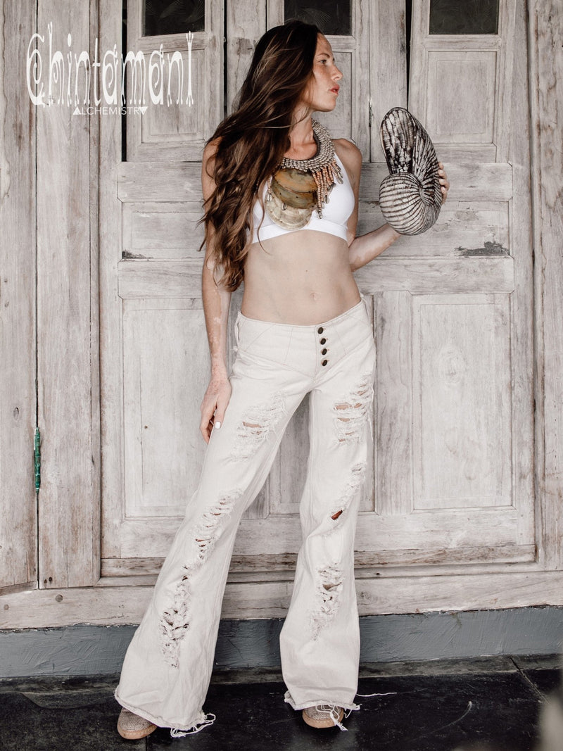 Flared Low Fitting Denim Pants for Women / Distressed Ripped Boho Jeans / White - ChintamaniAlchemi