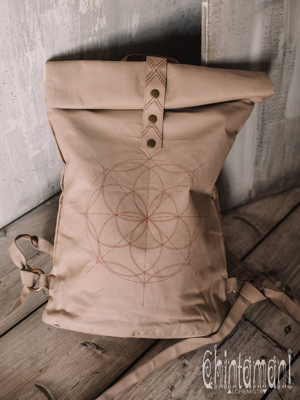 Flower Of Life Huge Roll Top Laptop Backpack / Atua Tino / Beige - ChintamaniAlchemi