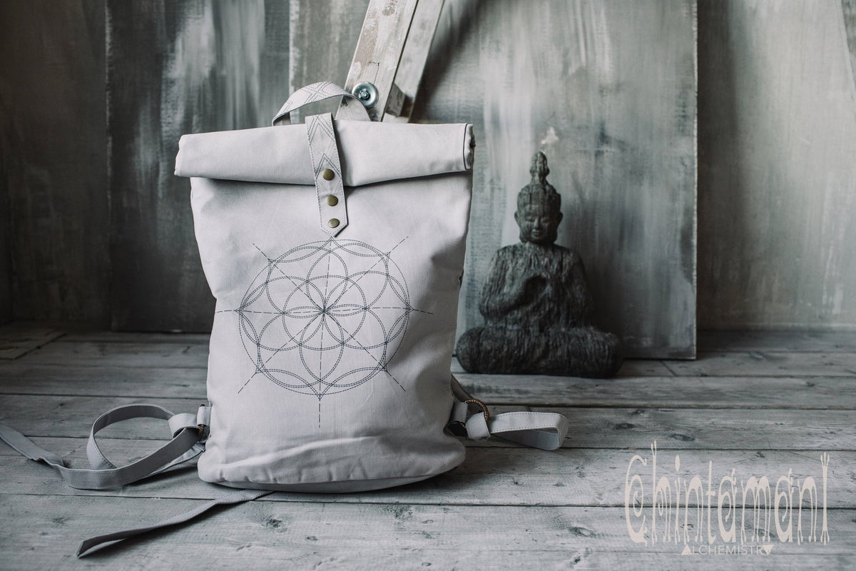 Flower Of Life Huge Roll Top Laptop Backpack / Atua Tino / Light Gray - ChintamaniAlchemi