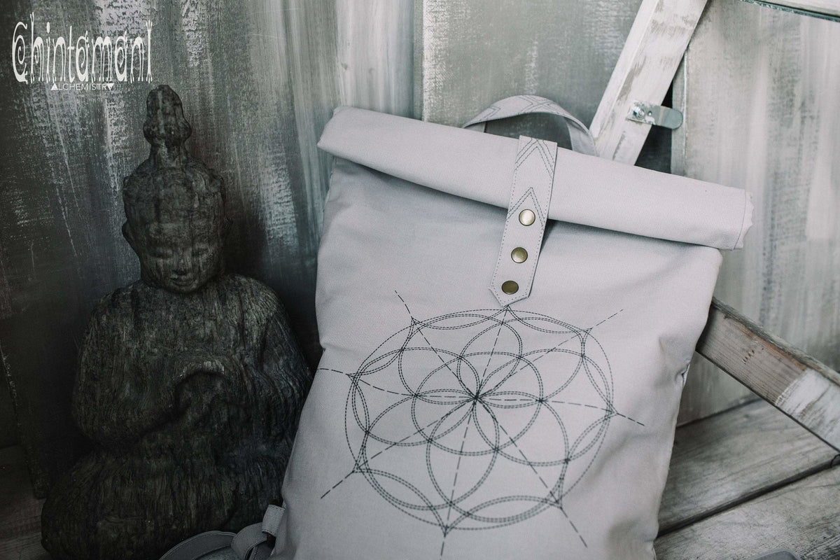 Flower Of Life Huge Roll Top Laptop Backpack / Atua Tino / Light Gray - ChintamaniAlchemi