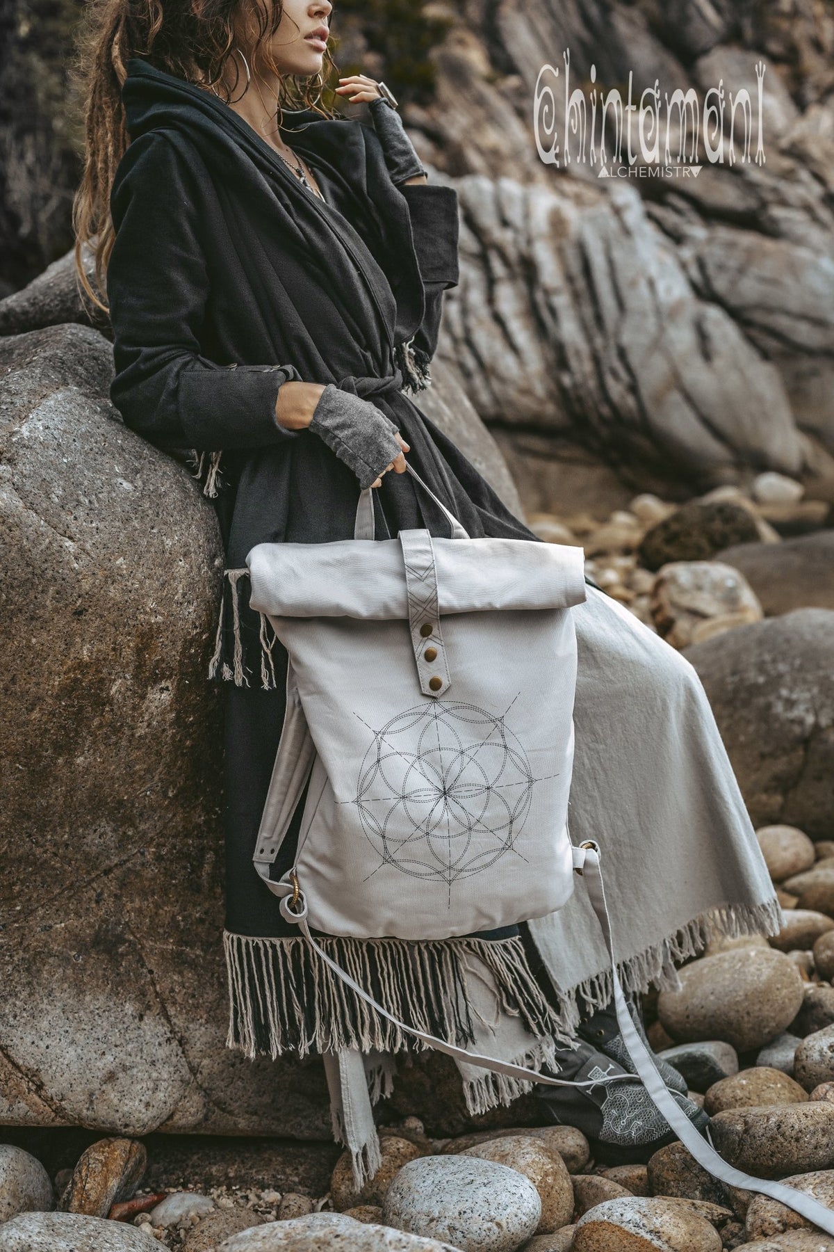 Flower Of Life Huge Roll Top Laptop Backpack / Atua Tino / Light Gray - ChintamaniAlchemi