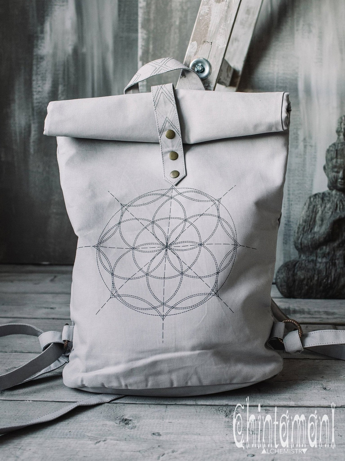 Flower Of Life Huge Roll Top Laptop Backpack / Atua Tino / Light Gray - ChintamaniAlchemi