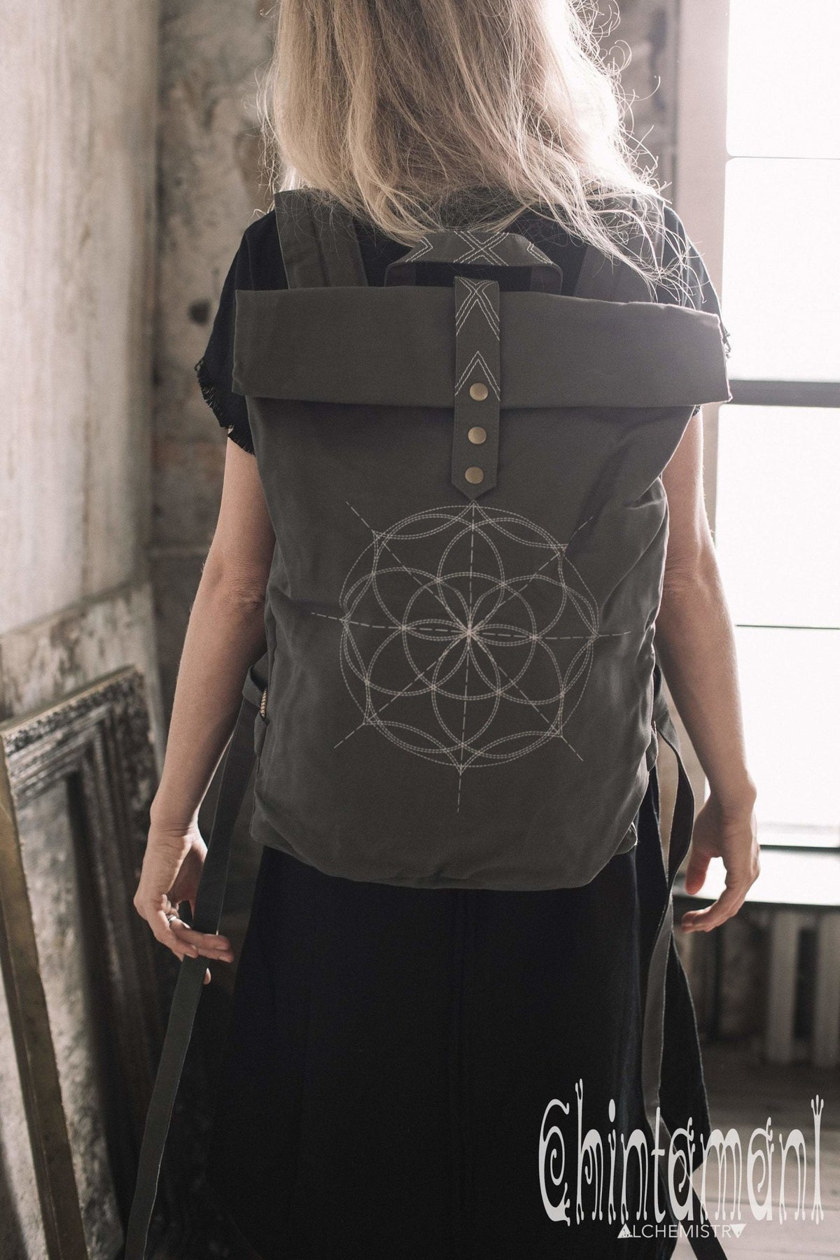 Flower Of Life Huge Rolltop Laptop Backpack / Atua Tino / Dark Grey - ChintamaniAlchemi