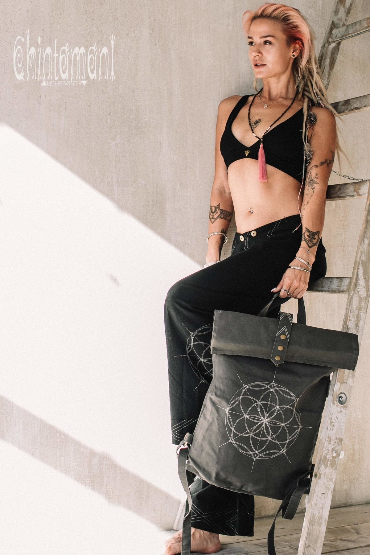 Flower Of Life Huge Rolltop Laptop Backpack / Atua Tino / Dark Grey - ChintamaniAlchemi