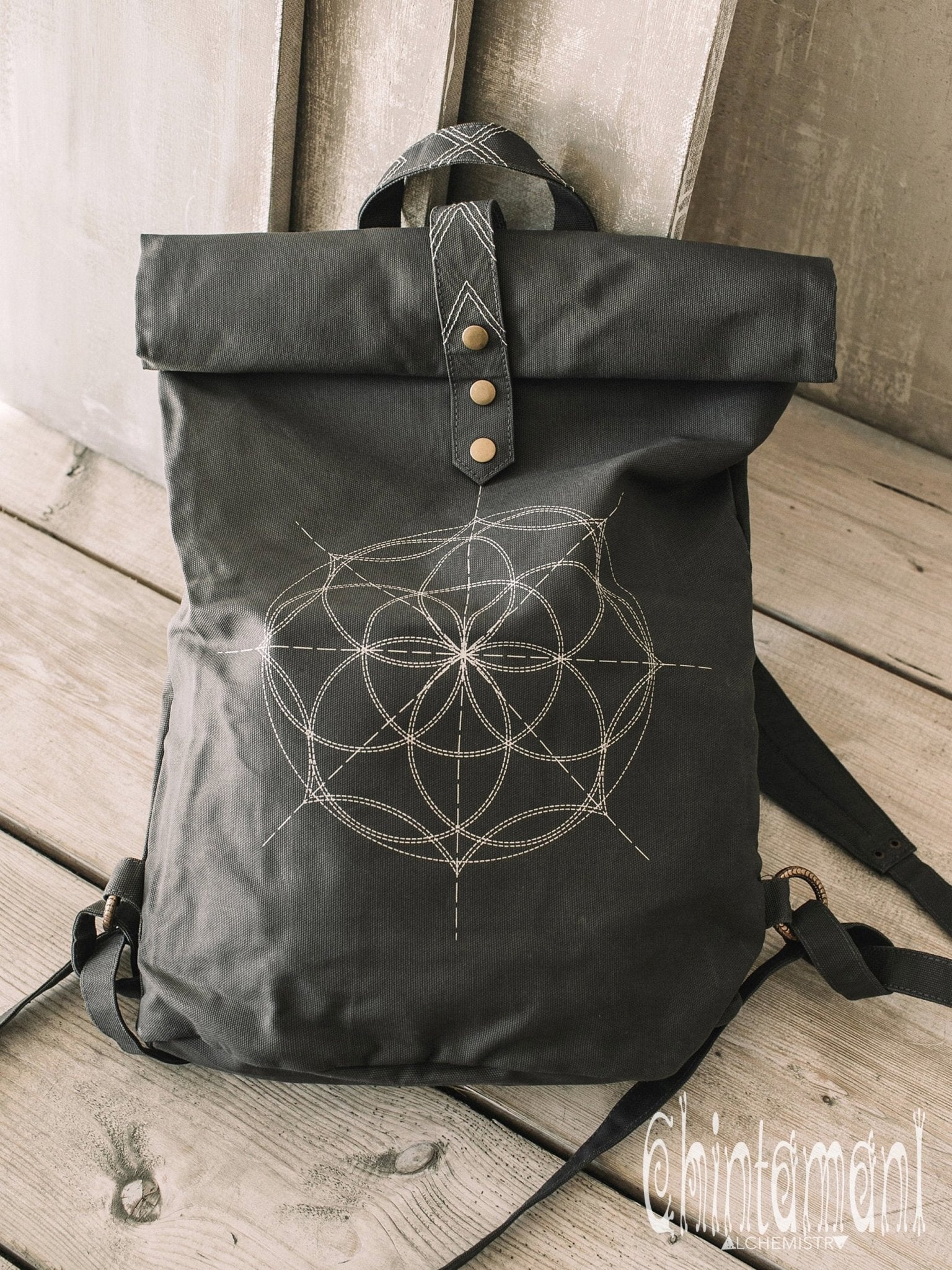 Flower Of Life Huge Rolltop Laptop Backpack / Atua Tino / Dark Grey - ChintamaniAlchemi