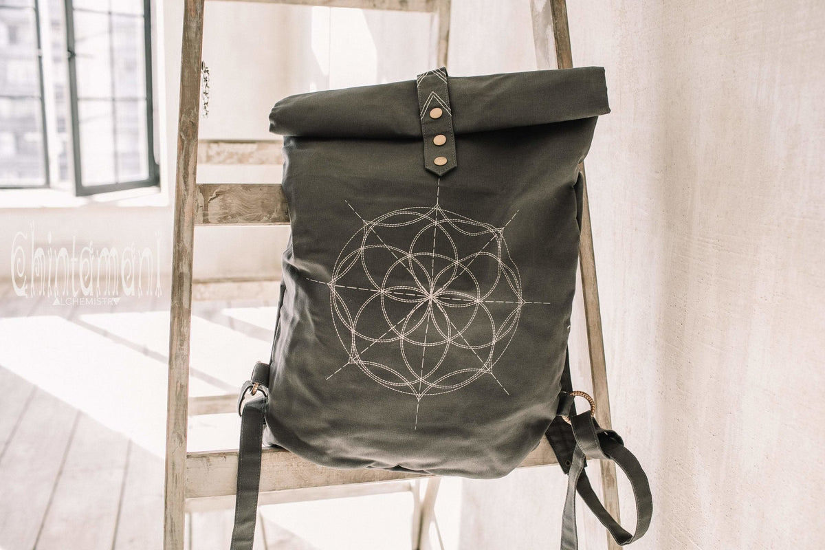 Flower Of Life Huge Rolltop Laptop Backpack / Atua Tino / Dark Grey - ChintamaniAlchemi