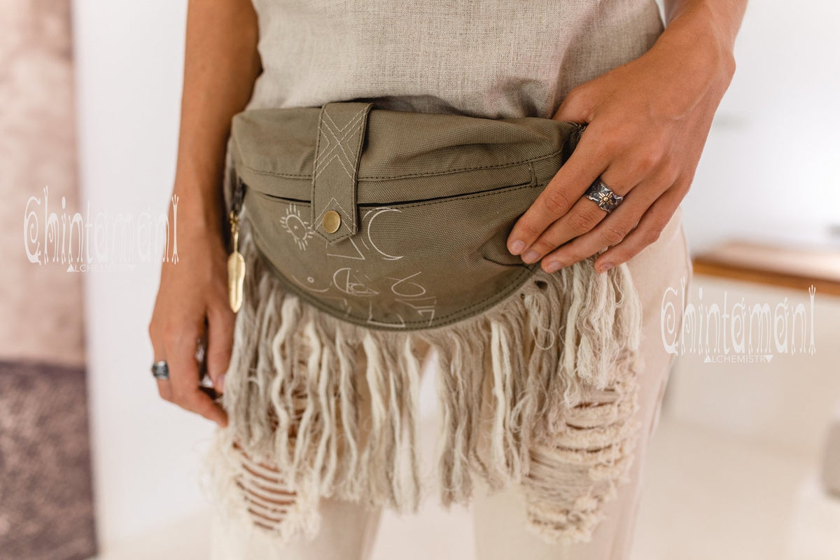 Fringe Cotton Canvas Banana Fanny Pack / Waist Bum Bag / Army Green - ChintamaniAlchemi