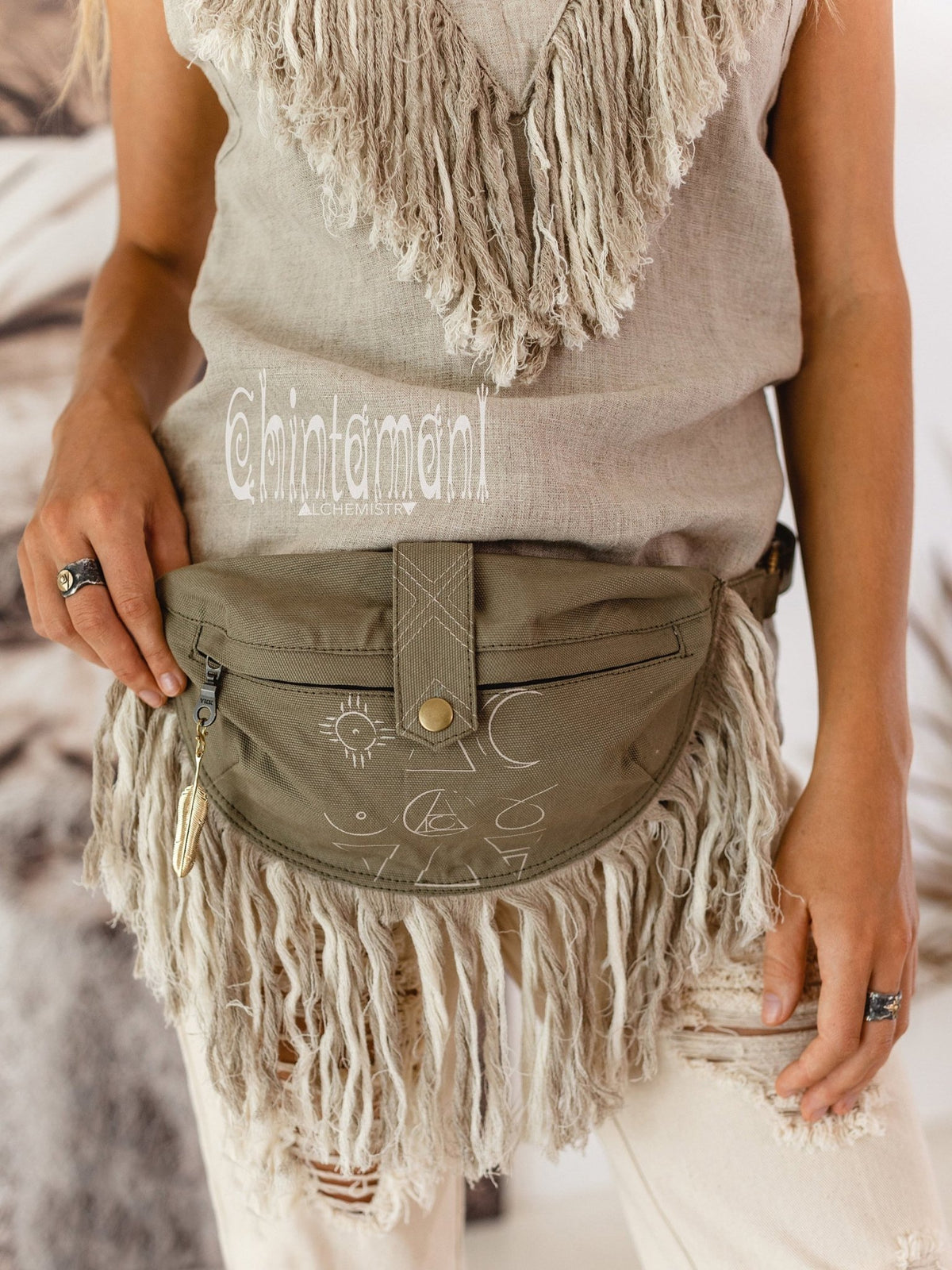 Fringe Cotton Canvas Banana Fanny Pack / Waist Bum Bag / Army Green - ChintamaniAlchemi