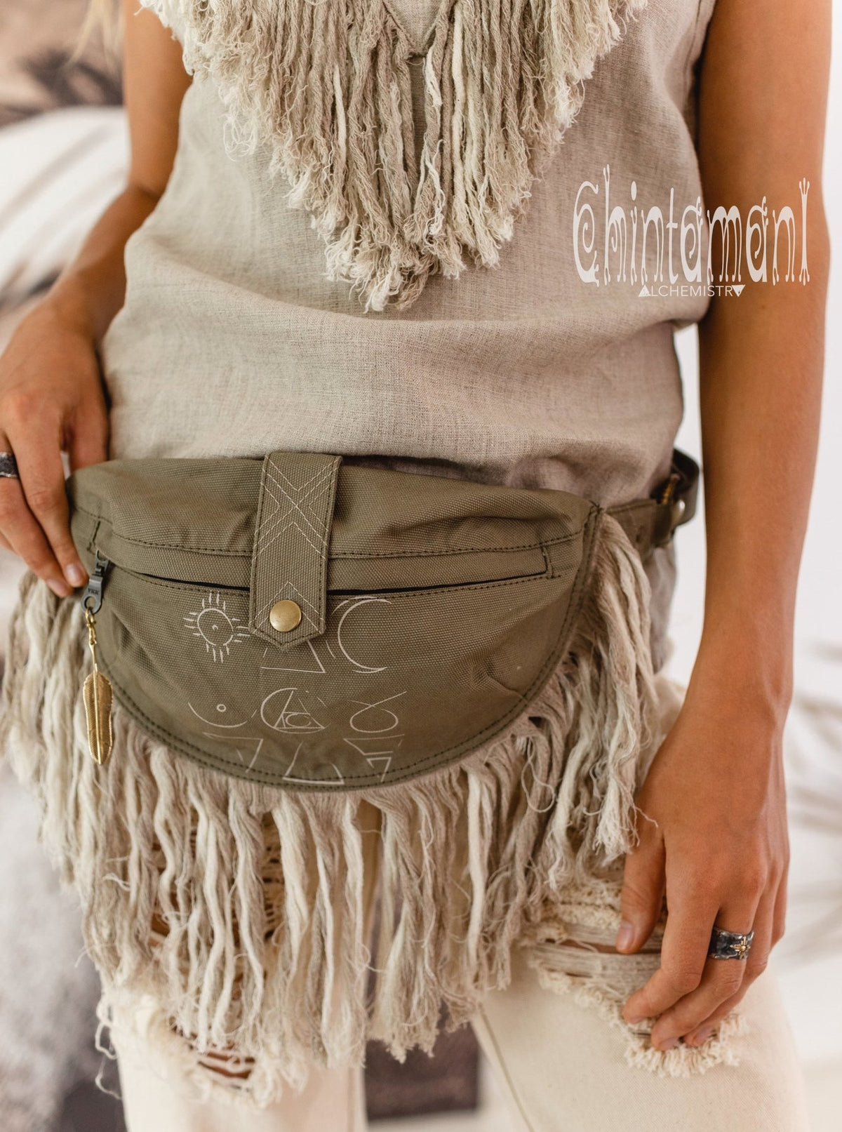 Fringe Cotton Canvas Banana Fanny Pack / Waist Bum Bag / Army Green - ChintamaniAlchemi