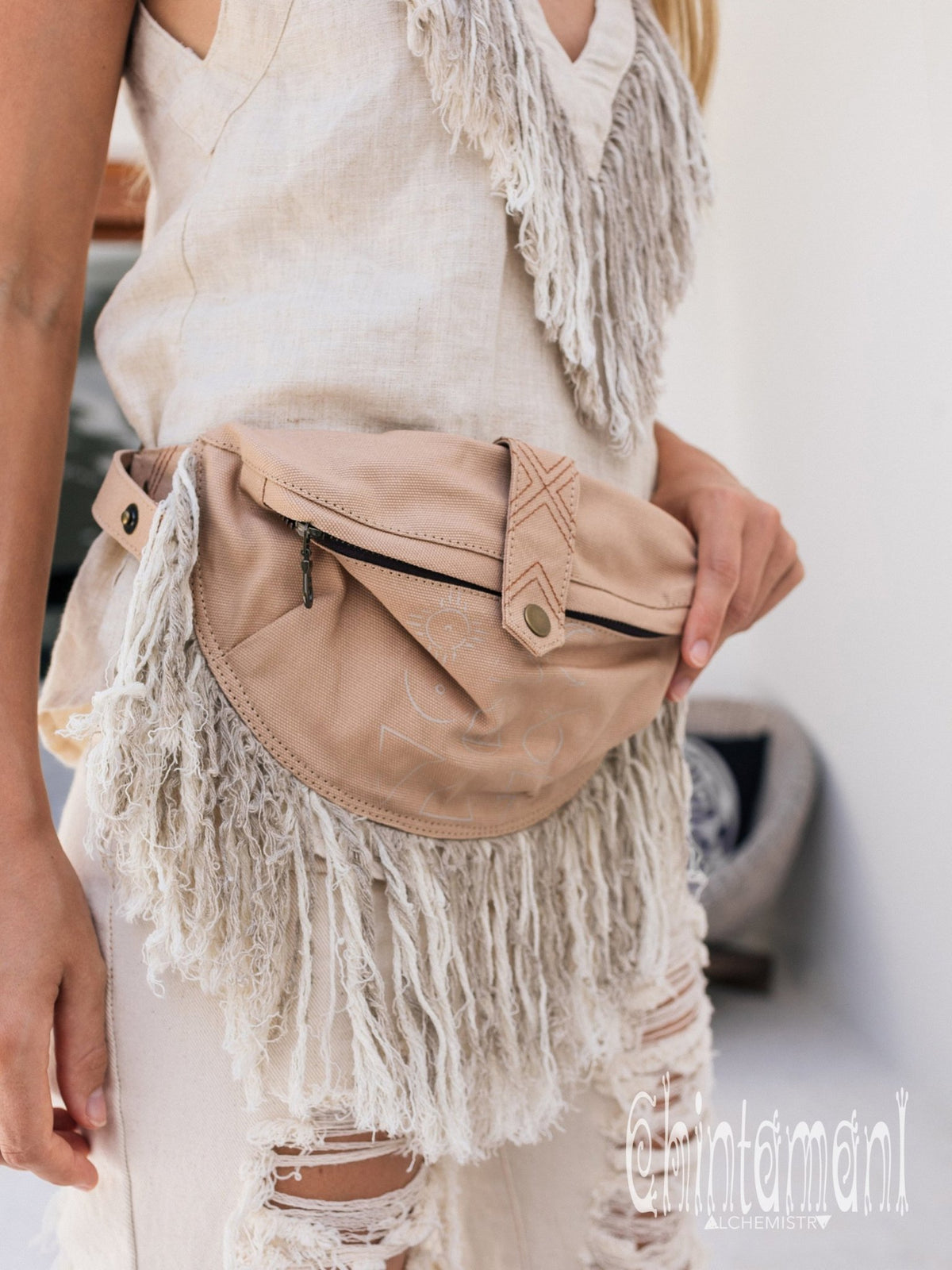 Fringe Cotton Canvas Banana Fanny Pack / Waist Bum Bag / Beige - ChintamaniAlchemi