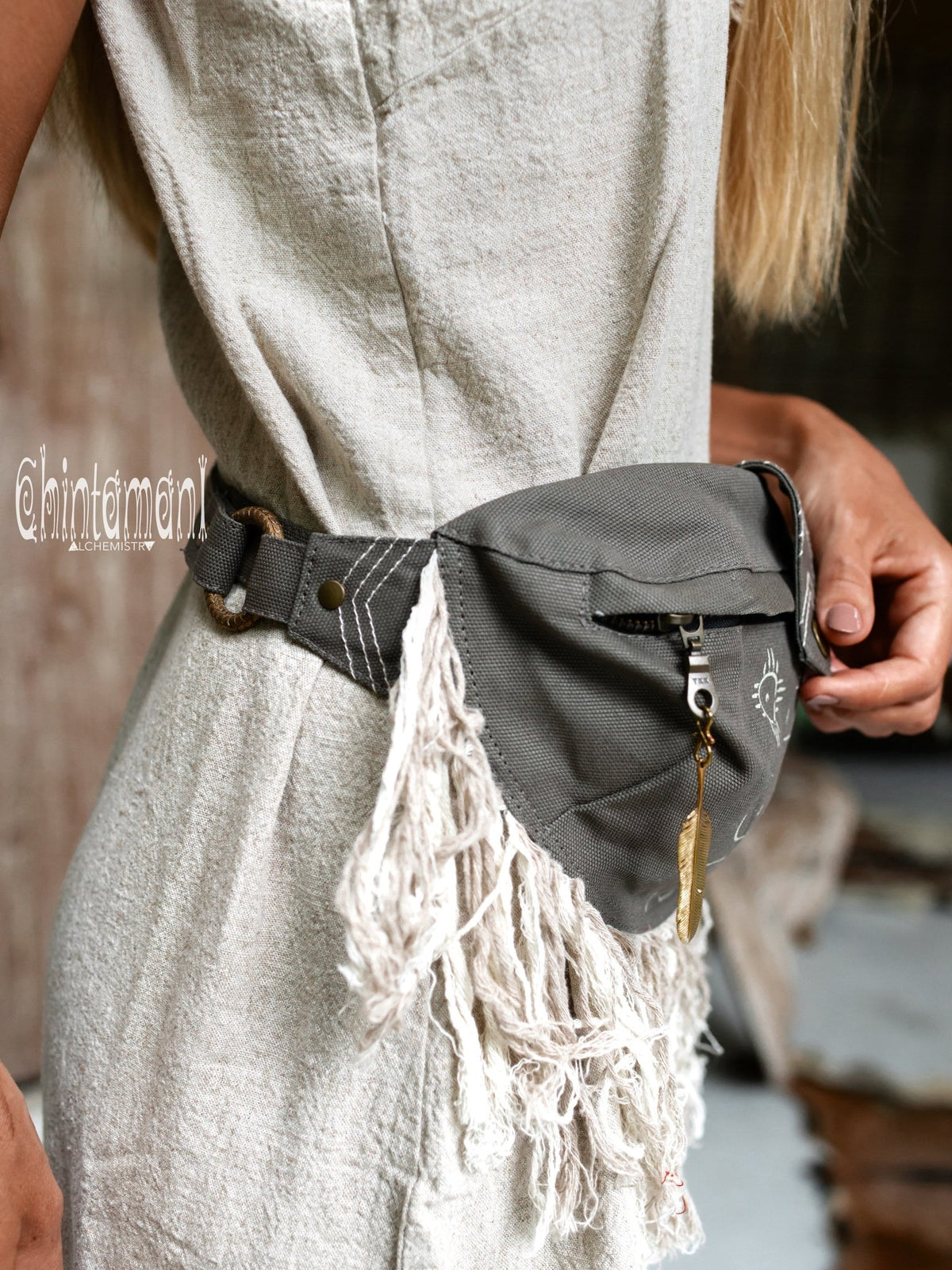 Fringe Cotton Canvas Banana Fanny Pack Waist Bum Bag Dark Gray ChintamaniAlchemi