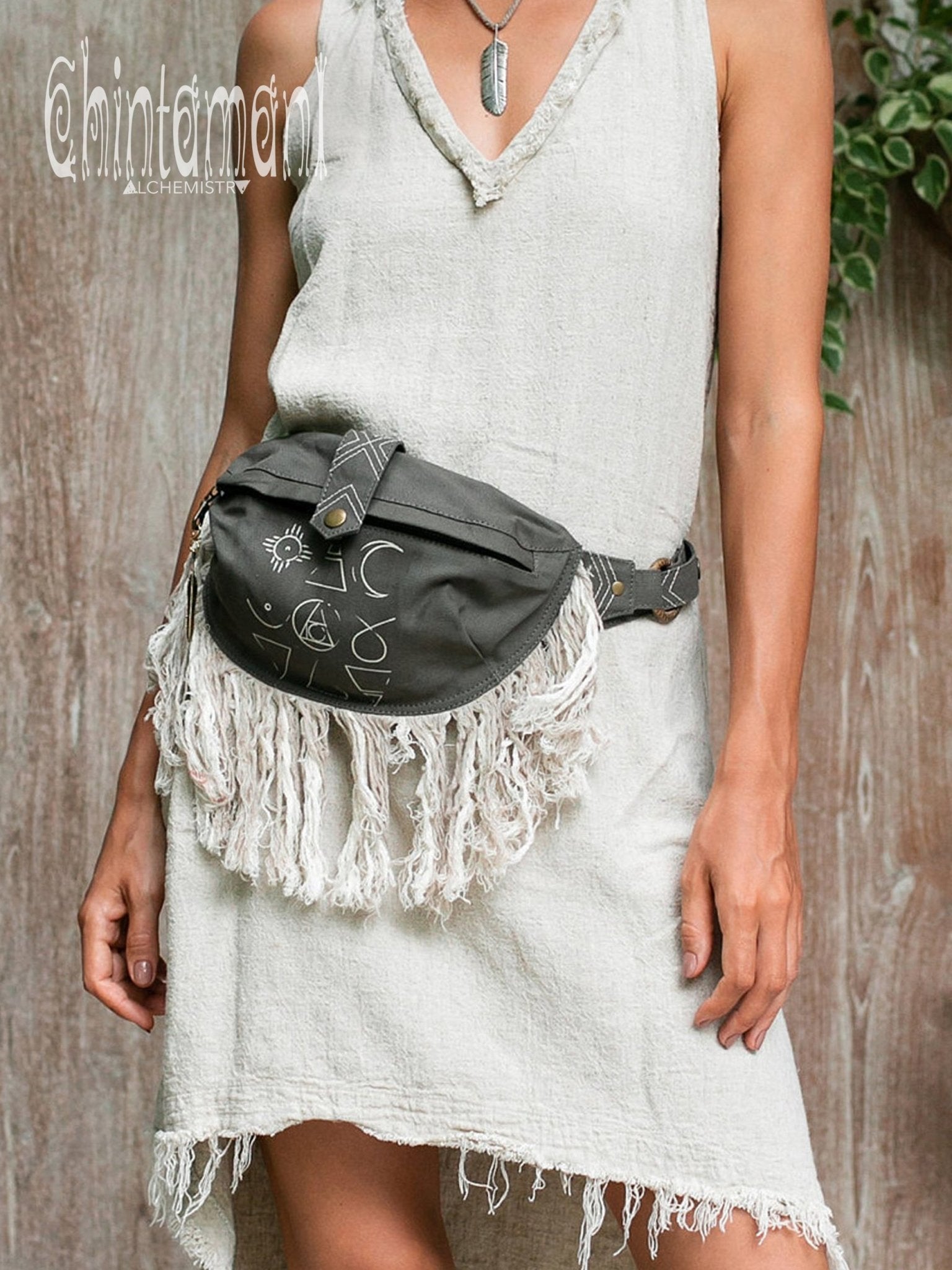 Fringe Cotton Canvas Banana Fanny Pack / Waist Bum Bag / Dark Gray - ChintamaniAlchemi