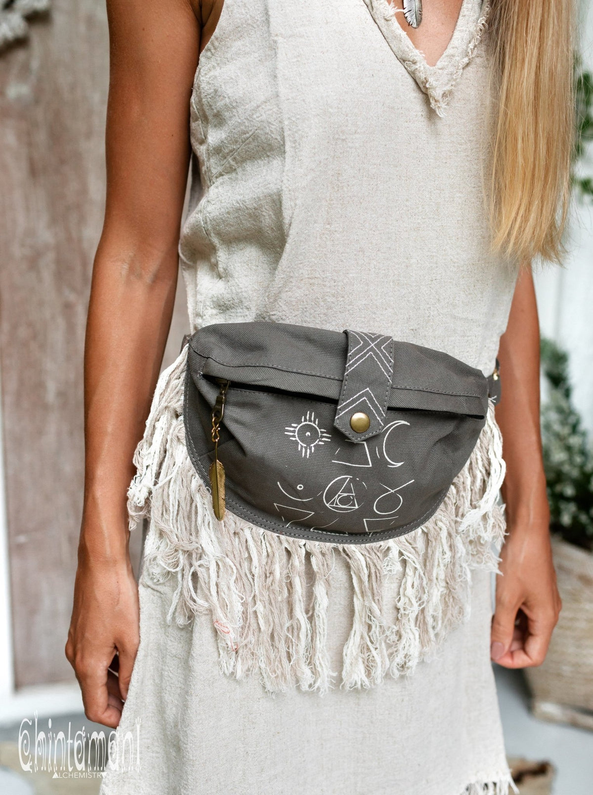 Fringe Cotton Canvas Banana Fanny Pack / Waist Bum Bag / Dark Gray - ChintamaniAlchemi