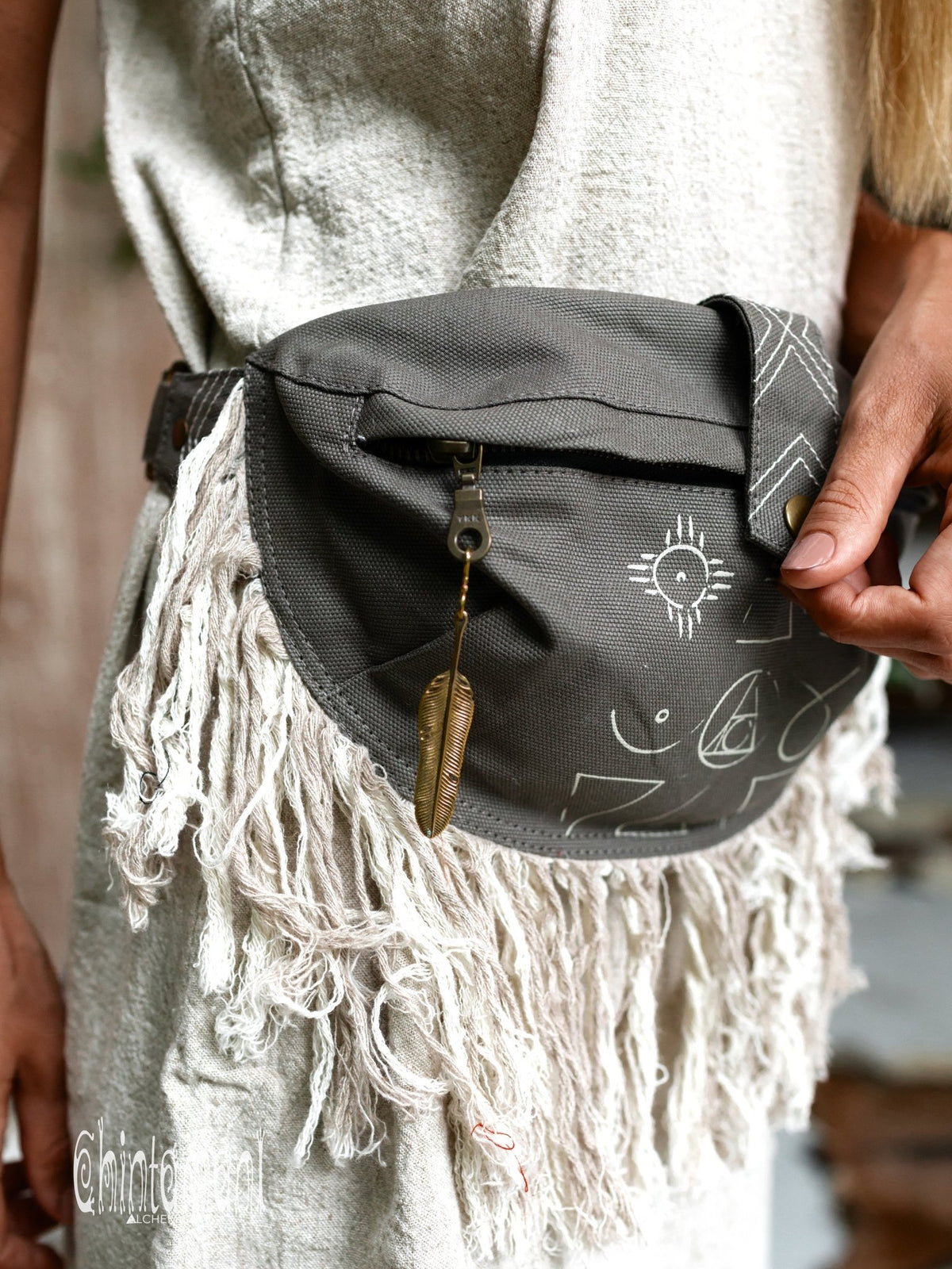 Fringe Cotton Canvas Banana Fanny Pack / Waist Bum Bag / Dark Gray - ChintamaniAlchemi