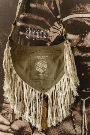Fringe Cotton Canvas Vegan Waist Bag / Pocket Belt / Army Green - ChintamaniAlchemi