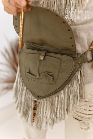 Fringe Cotton Canvas Vegan Waist Bag / Pocket Belt / Army Green - ChintamaniAlchemi