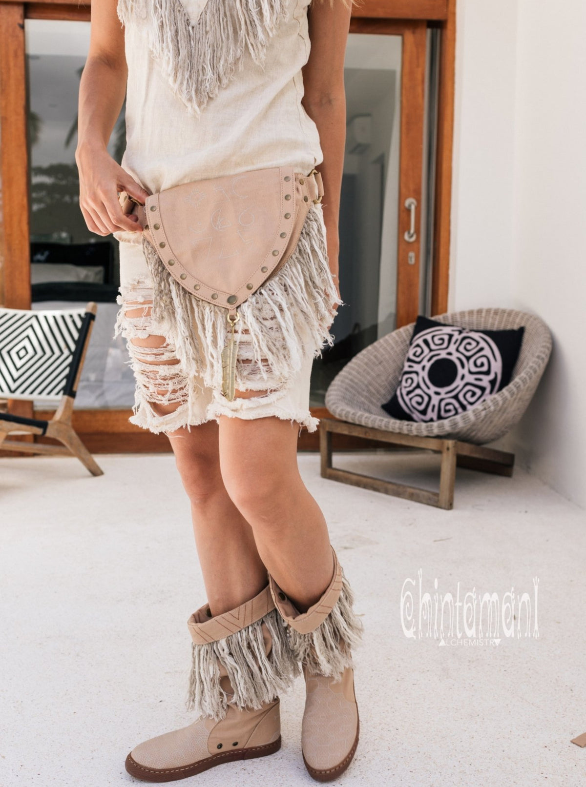 Fringe Cotton Canvas Vegan Waist Bag / Pocket Belt / Beige - ChintamaniAlchemi