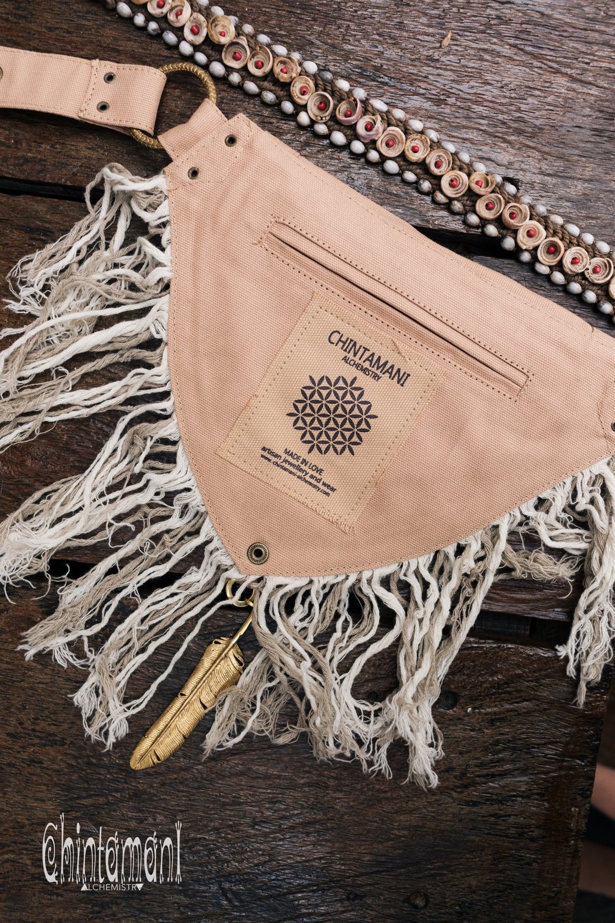 Fringe Cotton Canvas Vegan Waist Bag / Pocket Belt / Beige - ChintamaniAlchemi