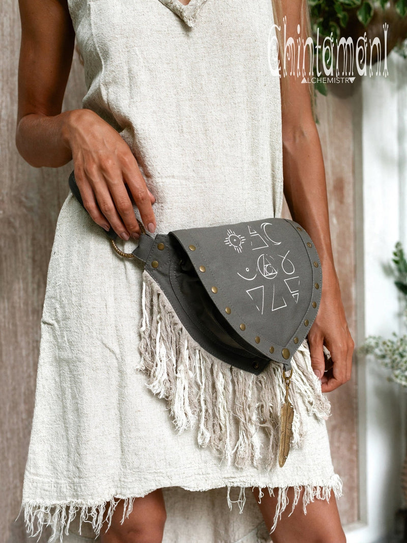 Fringe Cotton Canvas Vegan Waist Bag / Pocket Belt / Dark Gray - ChintamaniAlchemi