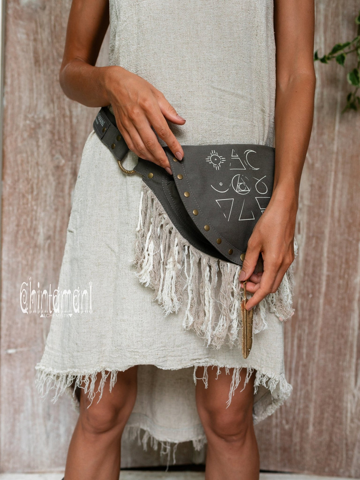 Fringe Cotton Canvas Vegan Waist Bag / Pocket Belt / Dark Gray - ChintamaniAlchemi