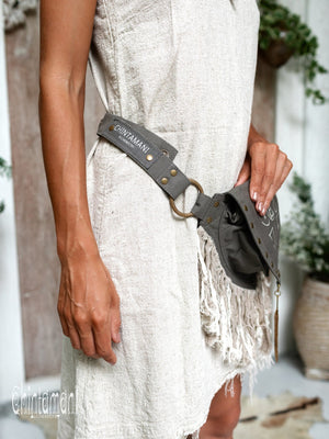 Fringe Cotton Canvas Vegan Waist Bag / Pocket Belt / Dark Gray - ChintamaniAlchemi